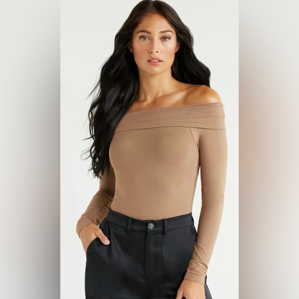 Sofia Jeans Elegant Tan Off-Shoulder Women's Bodysuit XS